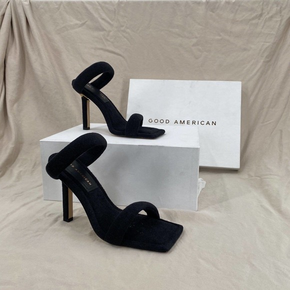 Good American High Heels Women's 7 Black Terry Square Toe Sandals Stiletto Gold‎ - Picture 1 of 8